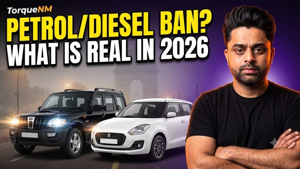 Diesel SUV and petrol hatchback in a smoggy Delhi street