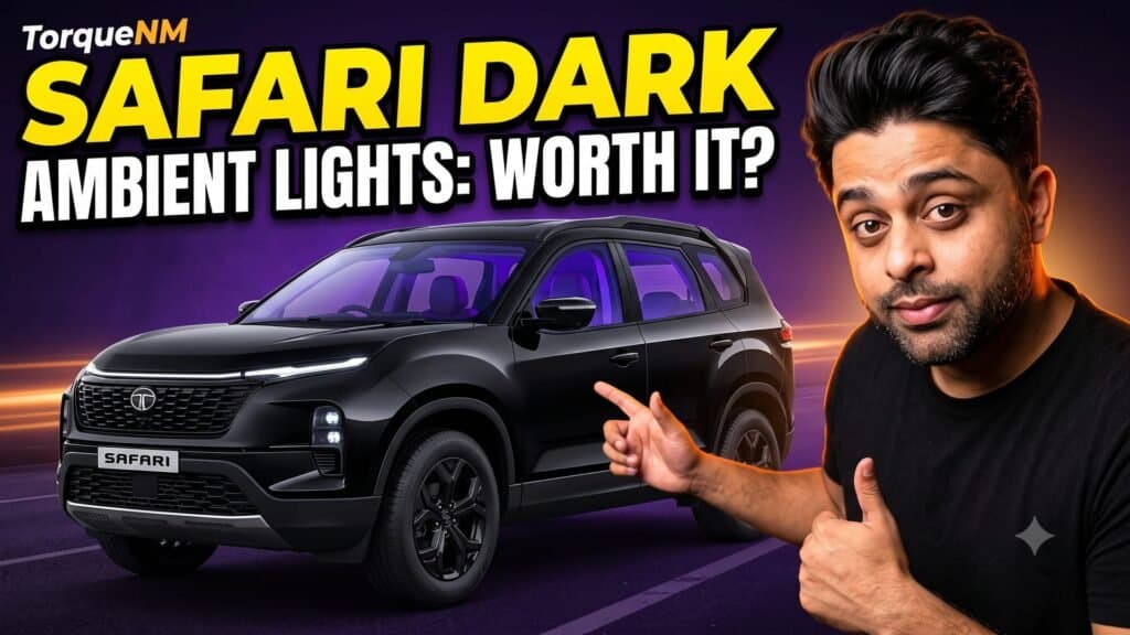 Black Tata Safari Dark Edition with ambient lighting glowing inside