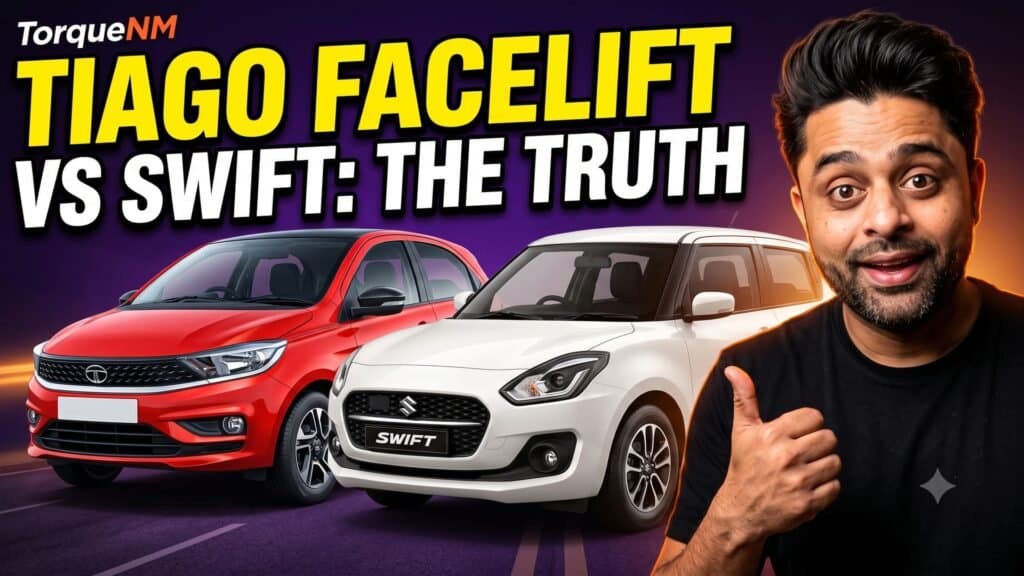 Tata Tiago facelift hatchback next to a Maruti Swift