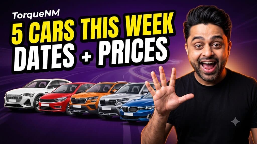Presenter holding up five fingers in front of five new cars with the headline 5 Cars This Week, Dates and Prices