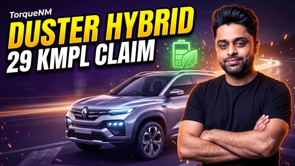 Presenter with arms crossed beside a silver SUV with the headline Duster Hybrid, 29 KMPL Claim