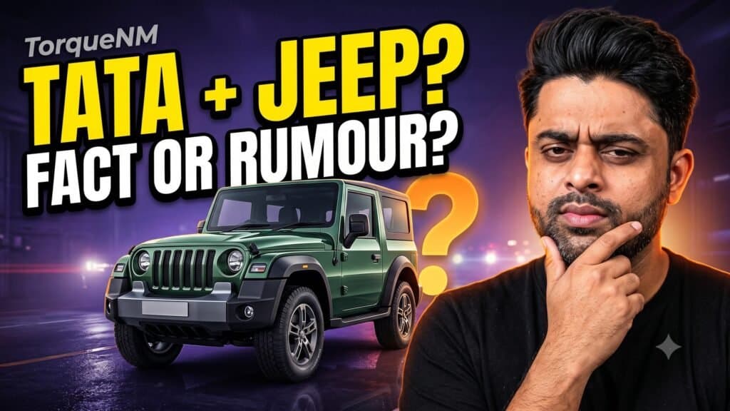 Presenter with hand on chin doubting a rugged green SUV with the headline Tata + Jeep? Fact or Rumour?