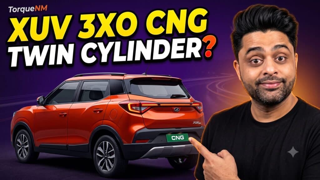 Presenter pointing at the rear of an orange Mahindra XUV 3XO-style SUV with a CNG badge and the headline XUV 3XO CNG, Twin Cylinder?